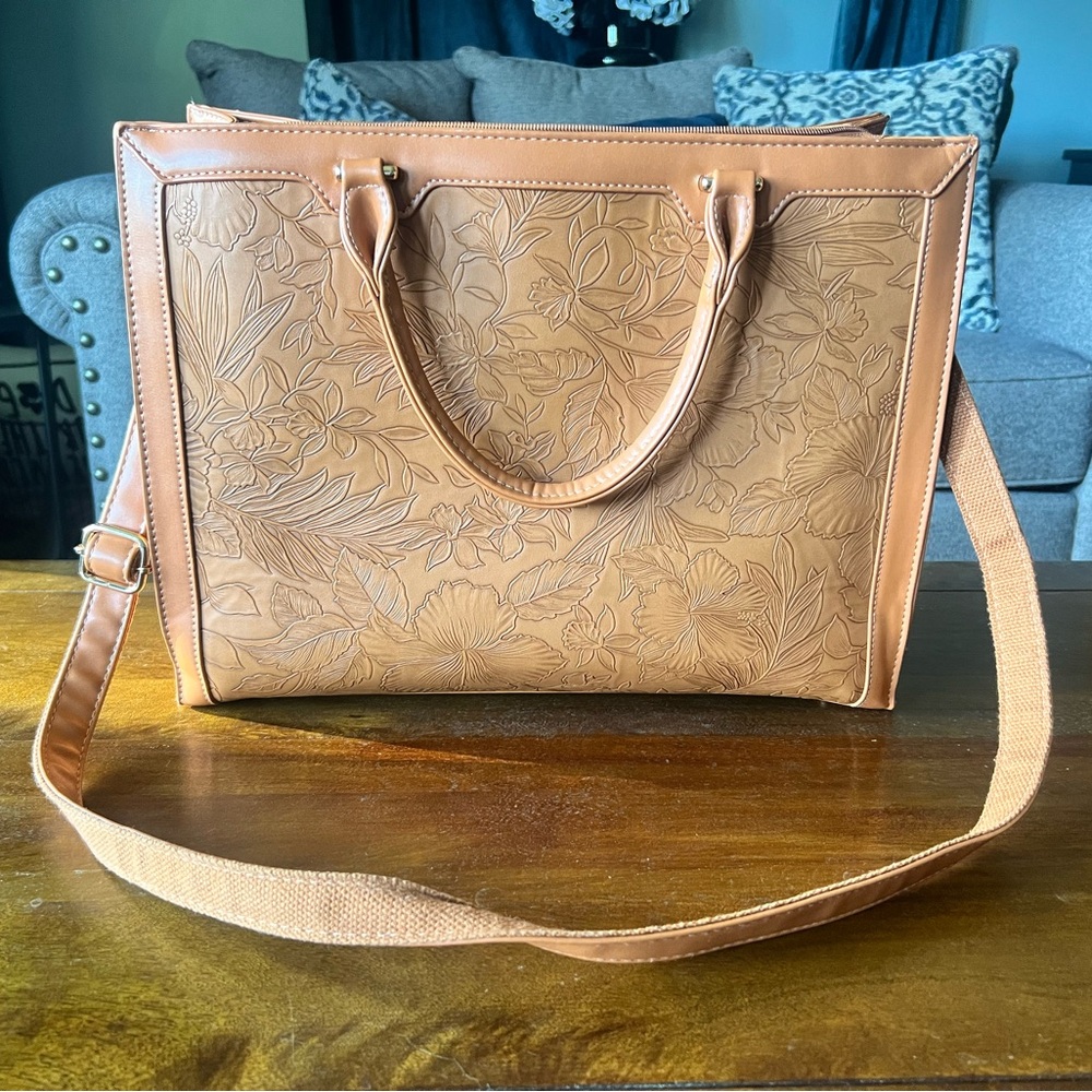 Floral Embossed Tan Tote Bag